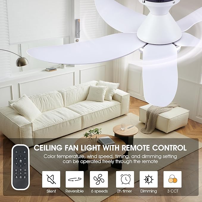46 inch Ceiling Fans with Lights and Remote/APP Control, Modern Flush Mount Ceiling Fans with 5 Reversible Blades 6 Speeds, 3 Colors Dimmable+Ring Lights for Bedroom Kids Room, White
