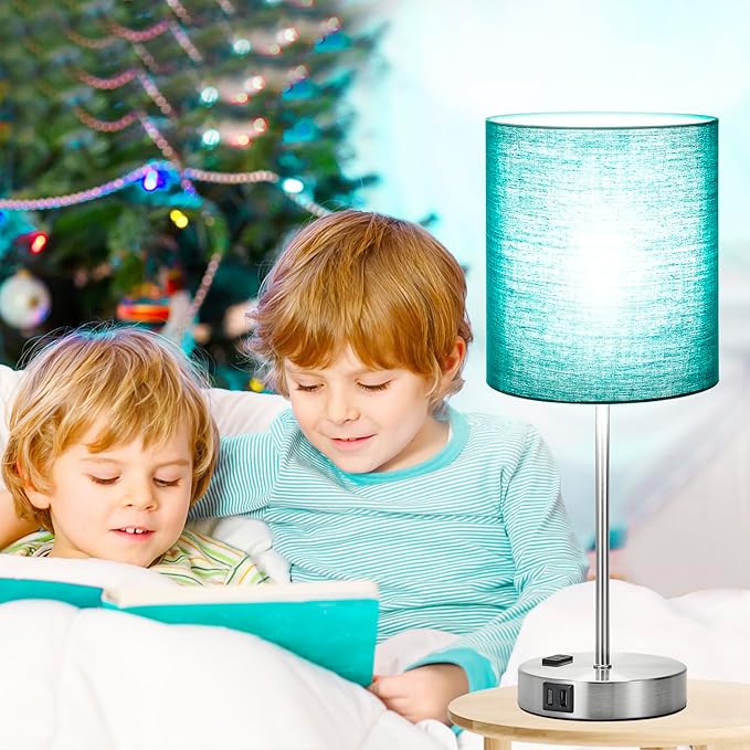Lynnoland Green Touch Table Lamps Set of 2 with 2 USB & AC Outlet, 3-Way Dimmable Bedside Nightstand Lamps for Bedroom Lamps Living Room Nursery, 800 Lumens 5000K Daylight Bulbs Included