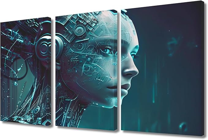 TUMOVO Artificial Intelligence Pictures Binary Code Wall Art 3 Panel Future Technology Canvas Print Art for Living Room Bedroom Decoration, Modern Artwork Stretched Framed Ready to Hang, 36" Wx24 H
