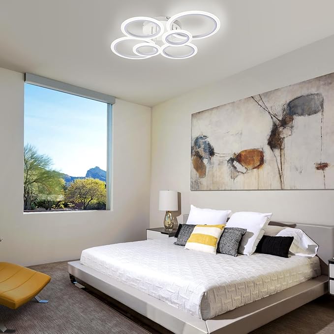 Vikaey Modern LED Flush Mount Ceiling Light, 6 Rings White Close to Ceiling Light Fixtures, Living Room Lighting Fixture Ceiling Lamp for Kitchen, Bedroom, Laundry Room, 4000K Not Dimmable