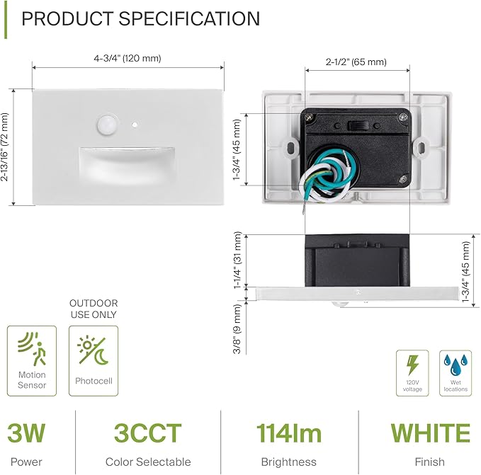 ASD LED Recessed Step Light Fixture, Dusk to Dawn Outdoor Tread Lighting | 3CCT, Motion Sensor, Photocell, Waterproof, ETL Listed | 3W 120LM 3000K-5000K 120V | Staircase Illumination | White, 4 Pack