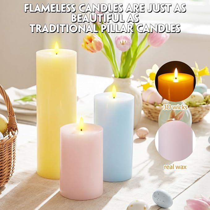 Retisee 3 Pcs Large Easter Flameless LED Candles with Remote Battery Operated Pillar Flickering Candle Light for Spring Indoor Outdoor Party Wedding Decor(6''/8''/12''x4'')