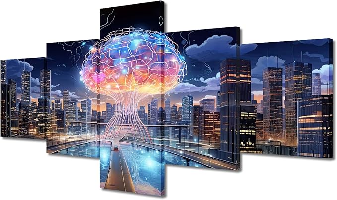 Human Brain Energy Canvas Wall Art City Smart Brain Posters & Prints Artwork Brain Contemporary Home Decor Stretched Canvas Picture for Living Room Bedroom Home Office Decor (50" Wx24 H)