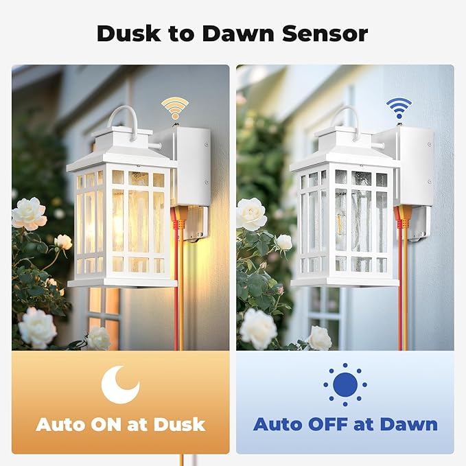 Outdoor Wall Light with GFCI Outlet, White 2-Pack Outside Lanterns for Porch Wall Mount, Dusk to Dawn Outdoor Lighting for House, Garage, Entryway, Doorway, Aluminum Waterproof and Anti-Rust