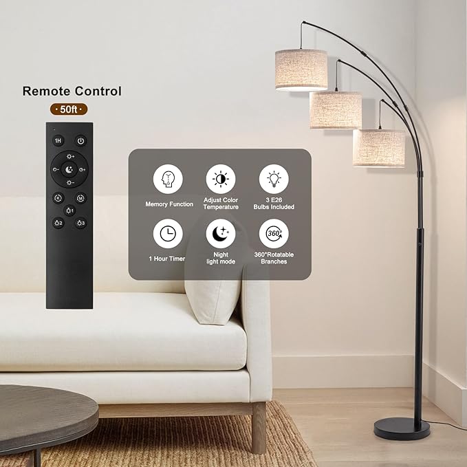 Floor Lamps for Living Room, 2400LM Super Bright Arc Floor Lamp with Remote Control, 3 Light Tall Floor Lamps with Stepless Dimmable, 80" Mid Century Tree Floor Lamp for Bedroom, Office