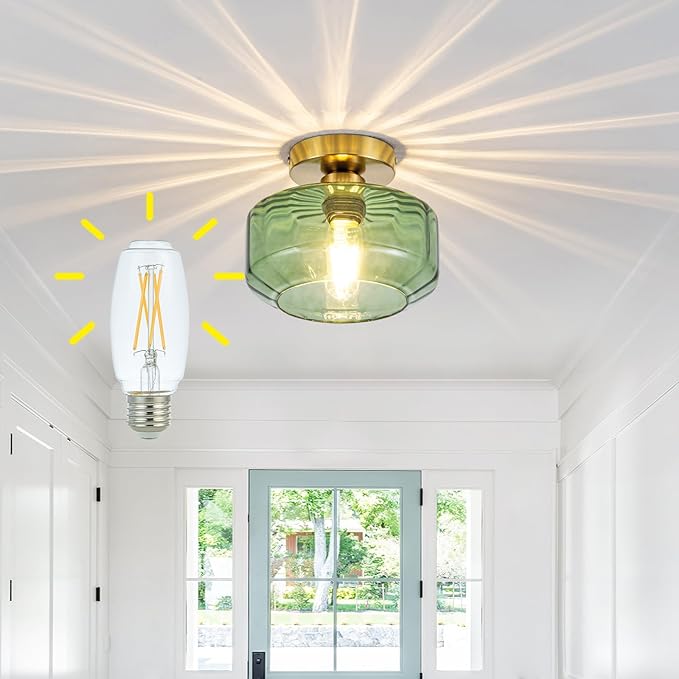 Tbaoinal Semi Flush Mount Ceiling Light Textured Green Glass Shade Matal Base Inclede LED Bulb, for Kitchen/Hallway/Entryway/Bathroom for a Golden Brass