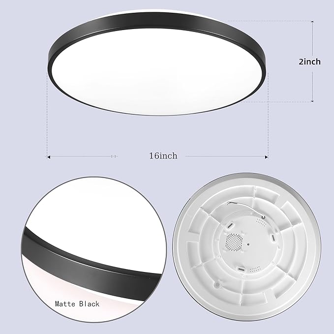 HOREVO 16inch 36W LED Ceiling Lamp Black Flush Mount Ceiling Light Fixture with Bluetooth Speaker with Remote Control, RGB Color Changing,for Living Room, Dining Room, Bedroom, Office