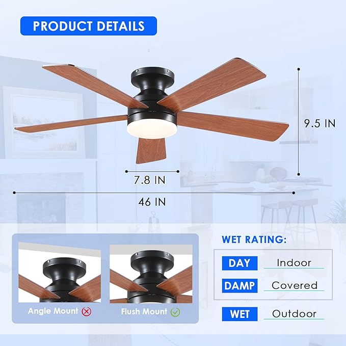 Flush Mount Ceiling Fan with Lights - 46IN Modern Indoor/Outdoor Ceiling Fan Light with Remote/APP, Low Profile Fan Light with 6 Speeds, Dimming, for Bedroom, Living Room, Brown