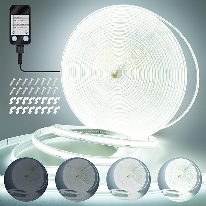 OMIKA 33FT Super Bright 3200LEDs COB LED Strip Lights Outdoor Waterproof, 6000K Cool White Plug in Rope Light Tape Light Flexible with Self-Adhesive Timer Dimmable for House Garden Camping DIY