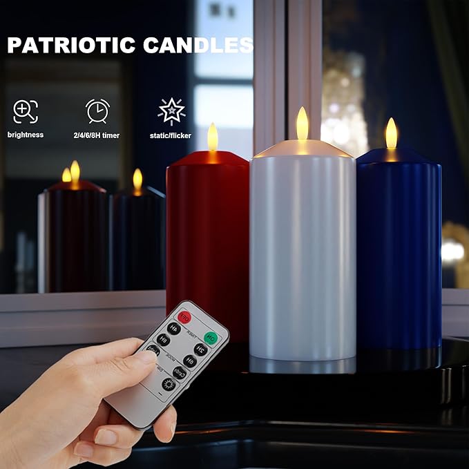 Patriotic Red White and Blue Candles, Real Wax Flameless Pillar Candles with Remote, 4th of July Led Candles, Independence Day Flameless Candles for Patriotic Decor, 3 Pack (D 3" x H 6")