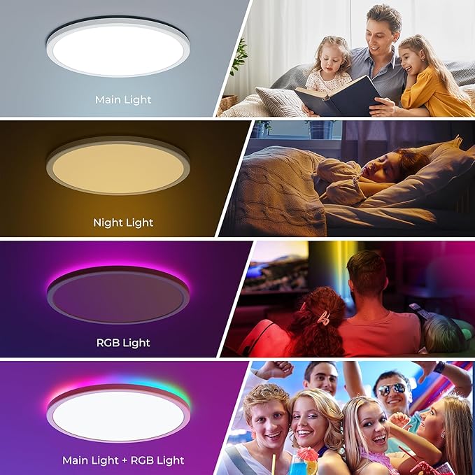 RGB LED Flush Mount Ceiling Light with Remote, 12 Inch Color Changing Light Fixture Dimmable 3000K-6500K, 24W Thin Round Ceiling Light for Bedroom Kids Room Living Room