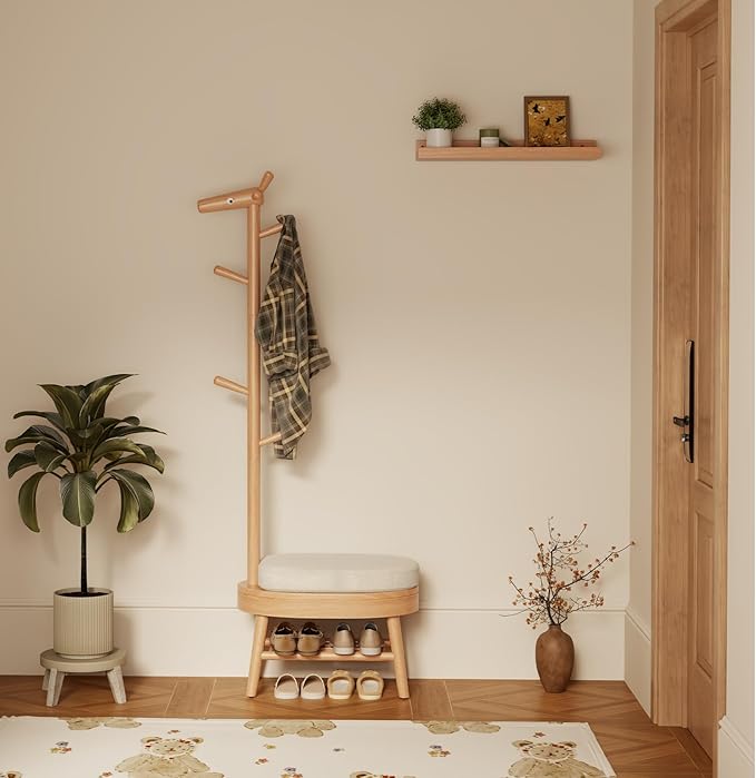 AQIMUELE Shoe Bench Entryway,Coat Rack with Shoe Storage, Coat Rack and Shoe Rack, Wooden Narrow Shoe Bench（Natural）