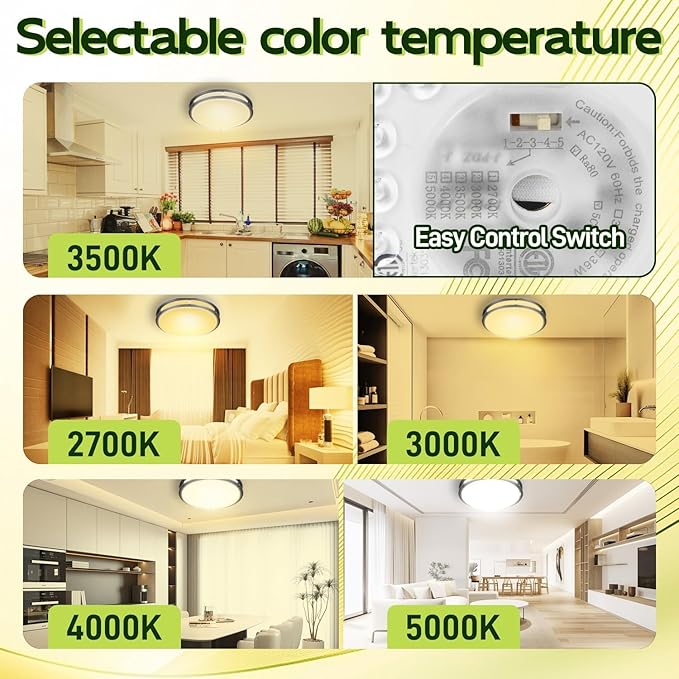 hykolity 16 inch Dimmable LED Flush Mount Ceiling Light Fixture, 36W, 2200LM, 2.7/3/3.5/4K/5K Adjustbale, 120°Light Angle, CRI90, Ceiling Lamp for Bedroom, Kitchen, Office, ETL Listed 2Pack