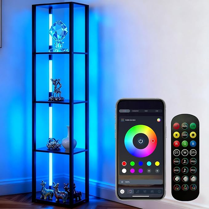 RGBCW Floor Lamp with Shelves, LED Smart Modern Floor Lamp with Music Sync, Color Changing Corner Display Shelf Lamp, Standing Lamp with Shelves for Living Room and Bedroom, Office, Black