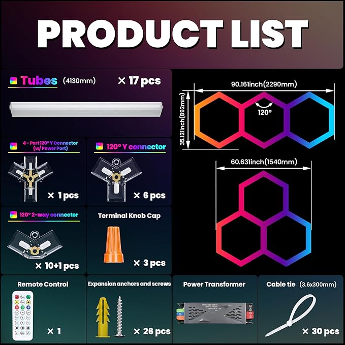 RGB Hexagon LED Light 3-Grid | Hexagon Garage Lights | 356 Color Modes | Music Sync | Smart App & Remote Control | Gaming Room Garage Bedroom Lighting