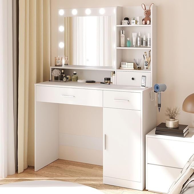 DUMOS Vanity Desk Makeup with Mirror LED Lights, White Table with Power Outlet 2 Drawer, 4 Storage Shelves Cabinet & 3 Lighting Mode Adjustable Brightness, Dressing Tables for Bedroom