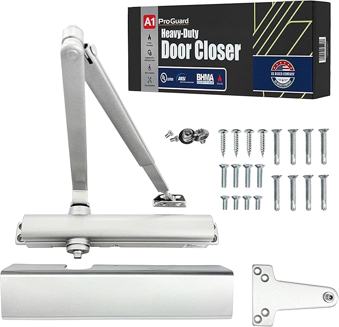 A1 ProGuard Commercial Heavy Duty Automatic Door Closer, ADA UL Grade 1 Listed Self Closing Door Hinges, Door Closers Commercial High Traffic, Auto Door Closer, Hydraulic Spring Soft Close - Silver