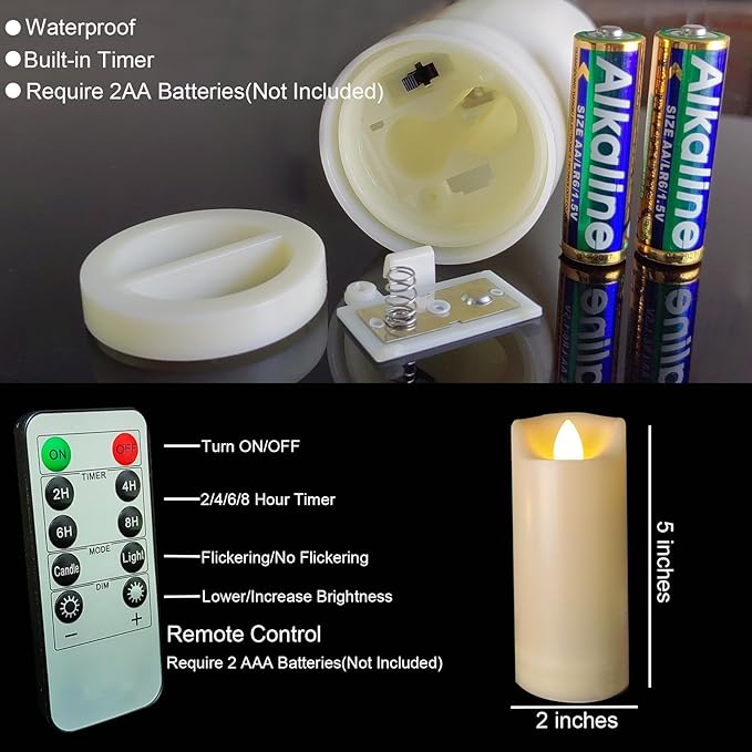 LED Battery Operated Candles 2"x5" Plastic Flickering Flameless Candles with Timer/Remote Outdoor Waterproof Wedding Party Halloween Christmas Decoration Realistic Slim Tall Pillar Candles