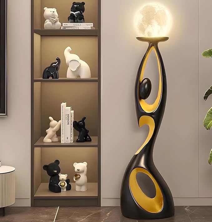 Bofea-Mid Century Modern Floor Lamp,Unique Corner Decorative Reading Standing Light,Rechargeable Moon Standing Lamp Or Resin Creative Stylish Decor Lamps for Living Room,Bed Room. (Black)