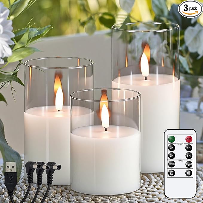 Rechargeable Candles with Remote Timer, Clear Glass Flameless Candles Flickering with Charging Cable, 3 Pack Real Wax LED Pillar Candle for Halloween Christmas Home Decor (D3” x H4”5”6”)