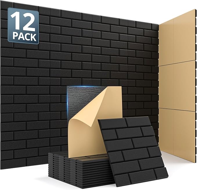 Kuchoow Acoustic Wall Panels, Brick Pattern Peel and Stick Sound Absorbing Tiles for Walls, Ceiling, Door, Pared, 12 Pack 12"x12"x0.4", Black Self Adhesive Decorative for Recording Studio, Room