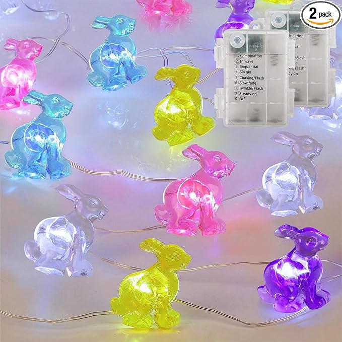WATERGLIDE 2 Pack Easter Decorative Lights, 16FT 50LED Each Colorful Bunny String Fairy Lights, Battery Operated Rabbit Shaped Lights, 8 Modes & Timer, Waterproof Indoor Outdoor for Easter Party Home