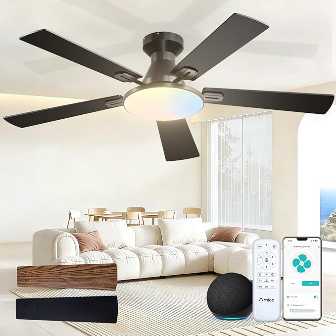 Amico Ceiling Fans with Lights, 52 inch Smart Ceiling Fan with Remote/APP/Alexa Control, Flush Mount, Reversible DC Motor, 5 Blades, 6 Speeds, 3CCT, Dimmable, Noiseless, Bedroom, Living Room, Black