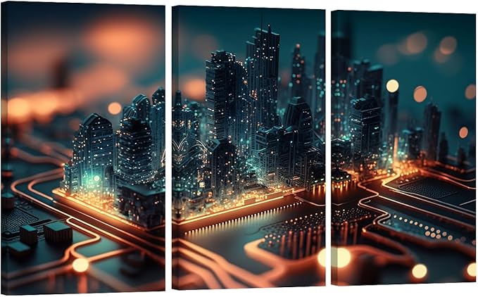 3 Panel Framed Wall Art Smart City on Circuit Board Futuristic Cyberspace Picture Poster for Bedroom Living Room Wall Decoratio,Gallery-Wrapped Ready to Hang 20x40inchx3