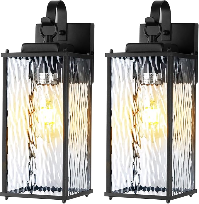 Outdoor Lights for House with Water Ripple Glass Modern 2-Pack, IP65 Waterproof Porch Lights Outdoor Wall Sconces Matte Black Patio Garage Coach Lighting Exterior Lanterns Wall Mounted, 15"