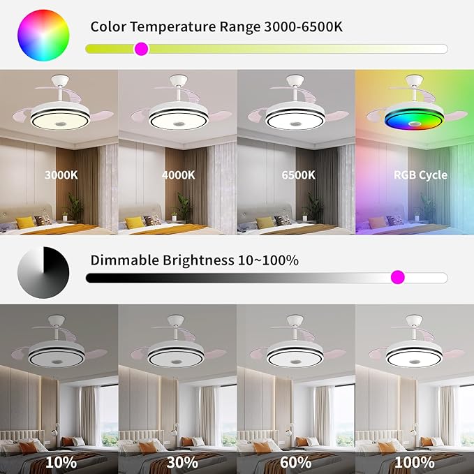 42'' Retractable Hanging Fan with Lights, Smart Fan Light with Bluetooth Speaker, App Control for Dimming & RGB Color Change Reversible Bedroom Living