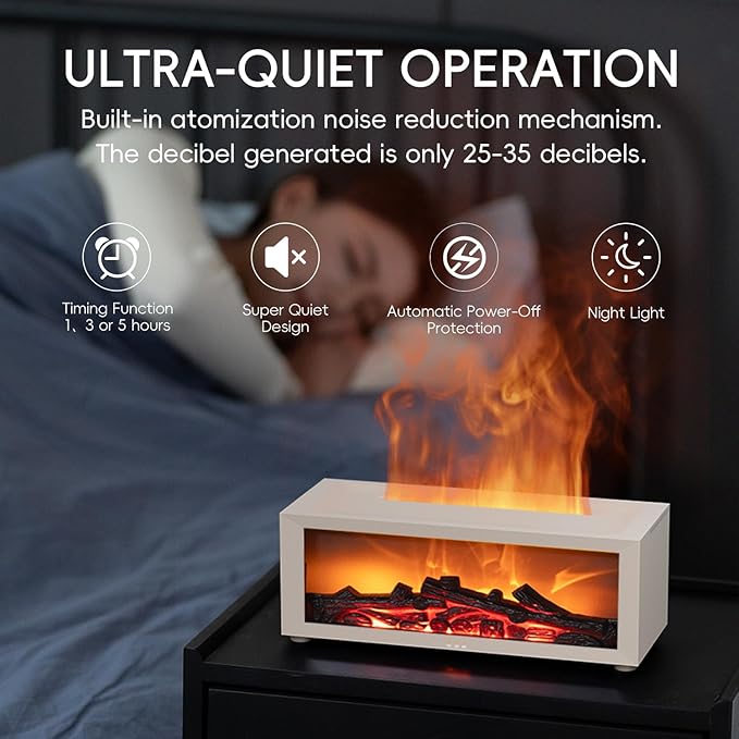 Essential Oil Diffuser, 7 Colors Fireplace Flame Fire Oil Diffuser, 150ml Ultrasonic Aromatherapy Humidifier, Scent Diffuser with Remote Control & Timer for Home,Bedroom,Office,Yoga (White)