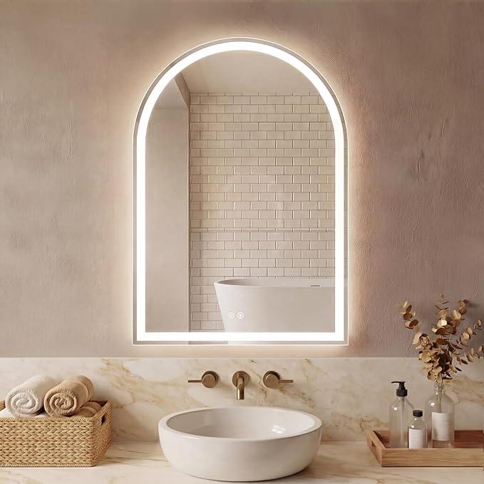 Sweetcrispy 24"×36" LED Bathroom Mirror with Lights, Arched Vanity Mirror with Anti-Fog, Dimmable, 3-Color Light, Memory Function, Tempered Glass