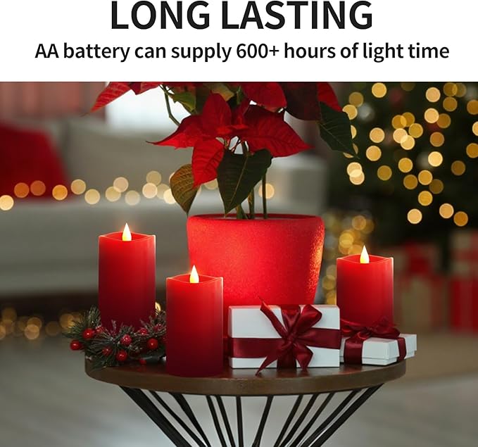 3x5 Flickering Flameless Candles Set of 3, 2AA Battery Life 600 Hours Battery Candles Flickering with Timer,5 inch Flameless Candles with Remote for Indoor/Outdoor, Red