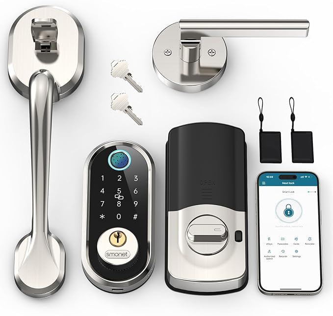 SMONET Front Door Lock Set Satin Nickel, Keyless Entry Door Lock with Handle and Deadbolt, Smart Fingerprint Door Lock with App Control, Electronic Keypad Exterior Door Lock for Home Airbnb
