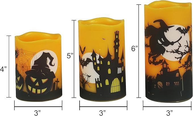 CANDLE CHOICE Halloween Flameless Candles with Remote Timer Real Wax Realistic Flickering Battery Operated LED Pillars with Decals Pumpkin Castle Bat Spider Witch for Halloween Party Decorations 3 PCS