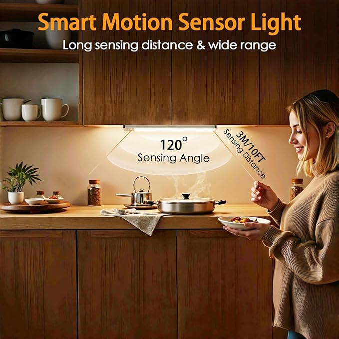 13.5Inch Under Cabinet Lighting, 3200mAh Under Cabinet Lights Motion Sensor 3 Color, Rechargeable 118LED Magnetic Light Bar Indoor,Wireless Battery Operated Closet Lights for Kitchen Home Stairs,2Pack