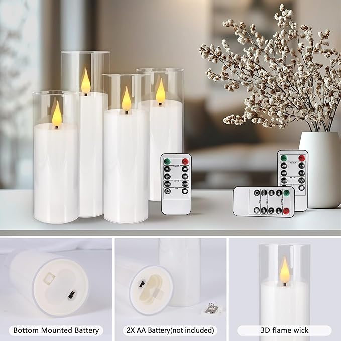 24 Pcs Acrylic LED Flameless Candles with 4 Remote,White,Flickering, Clear, Suitable for Wedding, Party, Home Decoration & Outdoor.