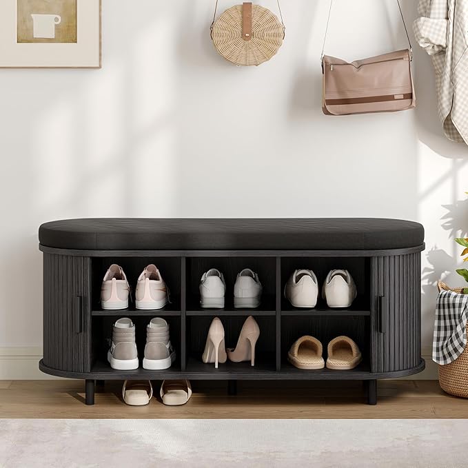 ONBRILL 43" Shoe Bench with Storage, Fluted Shoe Storage Bench with Cushion, Sliding Door and Adjustable Shelf, for Entryway, Hallway, Living Room, Black