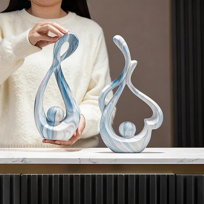 Blue Sculptures Home Decor, Ceramic Statues Coffee Table Decor for Living Room, Table Centerpiece for Dining Room, Shelf, Entry, Modern Minimalist Abstract Art Objects (2pcs)