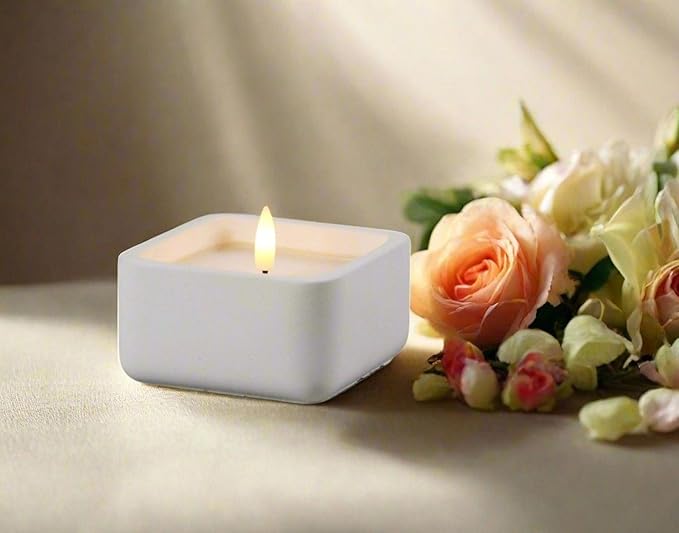 Square Flameless Candles (Ivory) - LED Flickering Fake Candles - Made of Real Wax in a Cement Base - an Ideal Gift.
