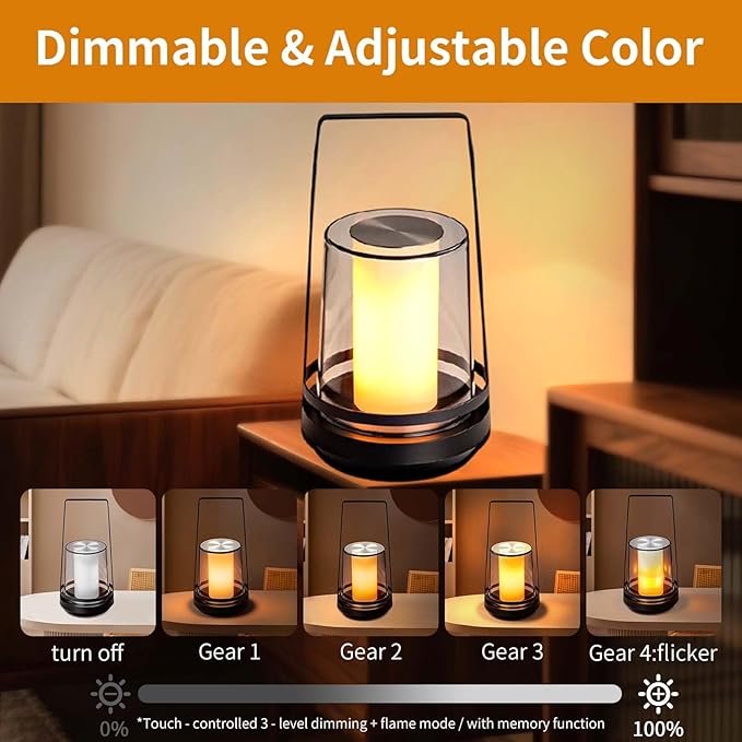 Black Touch Table Lamp with Dynamic Flame Effect - Portable, Rechargeable Bedside Lamp, Tap for Flickering Fire & Candle Light Modes, Dimmable for Bedroom, Camping, Gifts