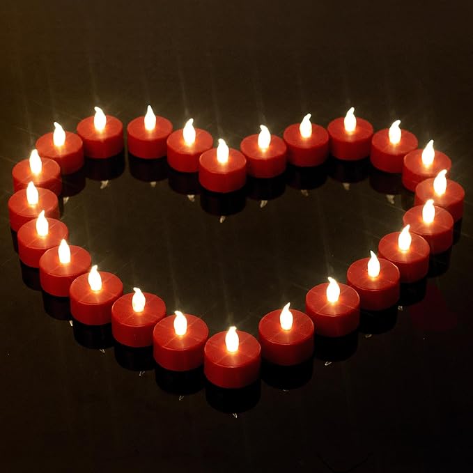Flameless Tea Lights Candles 24 Pack LED Battery Operated Electric Votive Fake Candles Realistic Flickering and 200+ Hours Long Lasting Bright for Celebrations Festivals (Red)