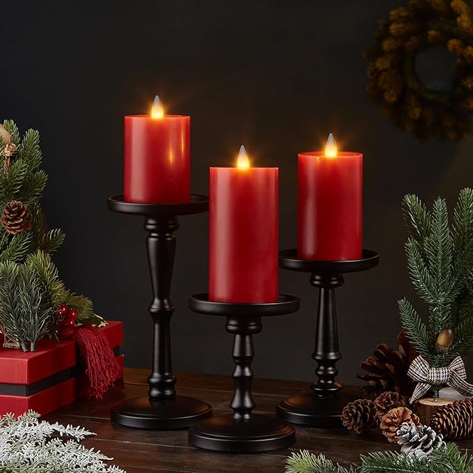 Flameless Pillar Candles Flickering with Remote Timer, Battery Operated LED Candles Up to 400 Hours, 3D Moving Flame Real Wax Candles. (Red)