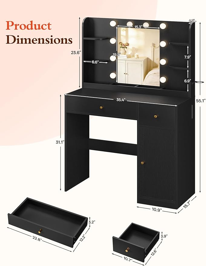 Vanity Desk with Mirror and Lights, 35" Makeup Vanity with 2 Drawers, Storage Cabinet, 8 Open Shelves, 3 Lighting Modes Adjustable Brightness, Power Outlet, Dressing Table for Bedroom, Black