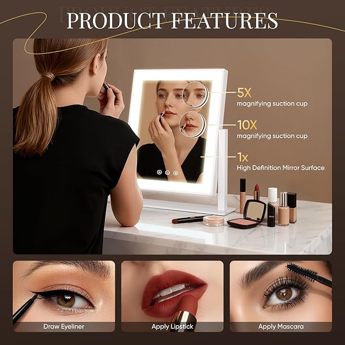 DECADENCE Makeup Mirror, 14’’ LED Vanity Mirror with Lights Detachable 10X/5X Magnification, 3 Color Lighting Modes,Smart Touch Control,360°Rotation Tabletop Make Up Mirror for Bedroom Bathroom