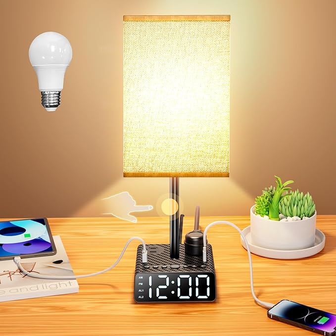 BTU Bedside Table lamp with Alarm Clock - 3 Color Temperatures Bedside Lamps with USB C and A Ports,Table Lamps with AC Outlet, Nightstand Lamps for Kids Room, Living Room, College Dorm, Home, Office