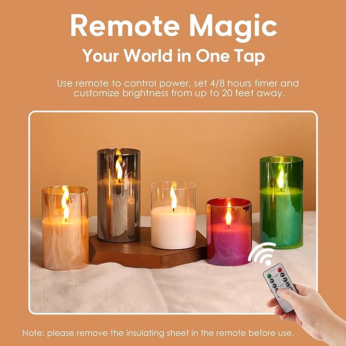 Eywamage Smoke Grey Glass Flameless Pillar Candles with Remote, Flickering LED Battery Candles Table Decor Set of 3