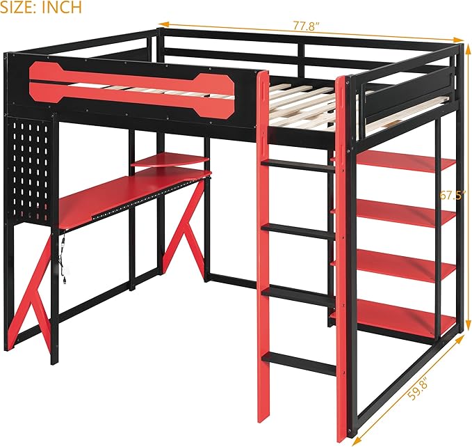 MERITLINE Ultimate Gaming & Study Loft Bed: Full Size Wood Frame with Integrated Desk, RGB Lights, Charging Station, Bookshelf & Pegboard (Black+Red)