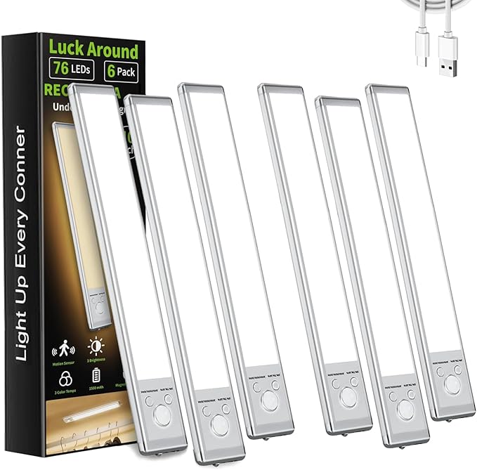 6 Pack Under Cabinet Lighting, Motion Sensor Light, 12-Inch Rechargeable LED, Battery Powered White