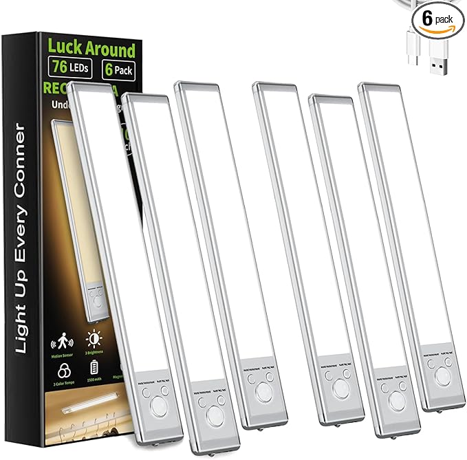 6 Pack Under Cabinet Lighting, Motion Sensor Light, 10-Inch Rechargeable LED, Battery Powered White